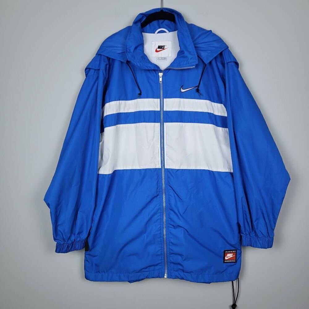VTG 90s Nike Mens Windbreaker Jacket Size Medium Blue Hooded Full Zip White Tag